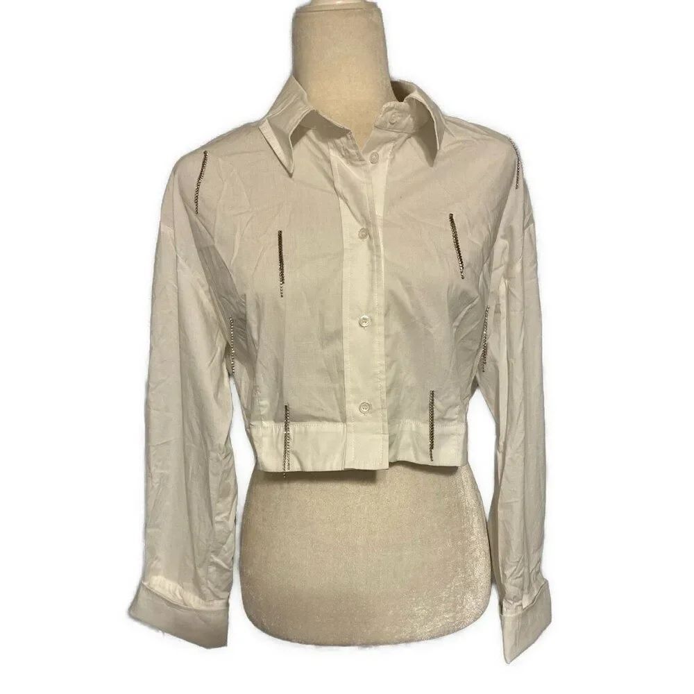 zarina style white long sleeve crop button down silver fringe 42 Medium